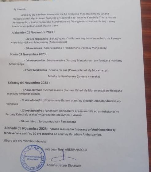  “Un Dernier Hommage à Mgr Antoine Scopelliti : Émotion et Recueillement à Madagascar le jeudi 2 novembre 2023”
